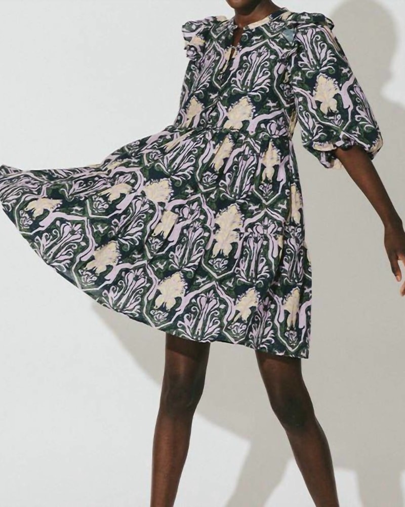 Front of a model wearing a size XL Camden Mini Dress in Casablanca Print in Casablanca Print by Cleobella. | dia_product_style_image_id:363176